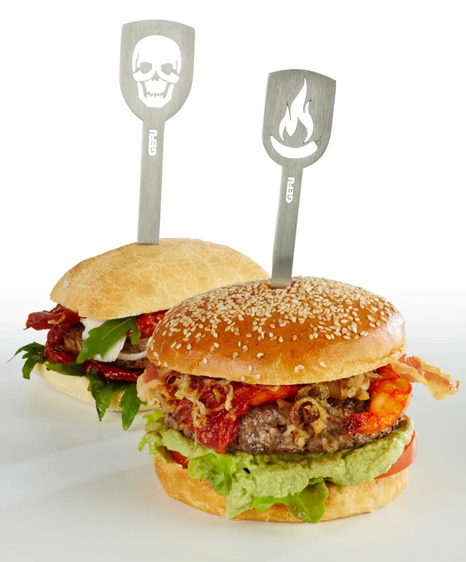 Neu 👍 Gefu Hamburger-Spieße Torro 2 Stk. Totenkopf/Flamme 😍 3 Neu 👍 Gefu Hamburger-Spieße Torro 2 Stk. Totenkopf/Flamme 😍